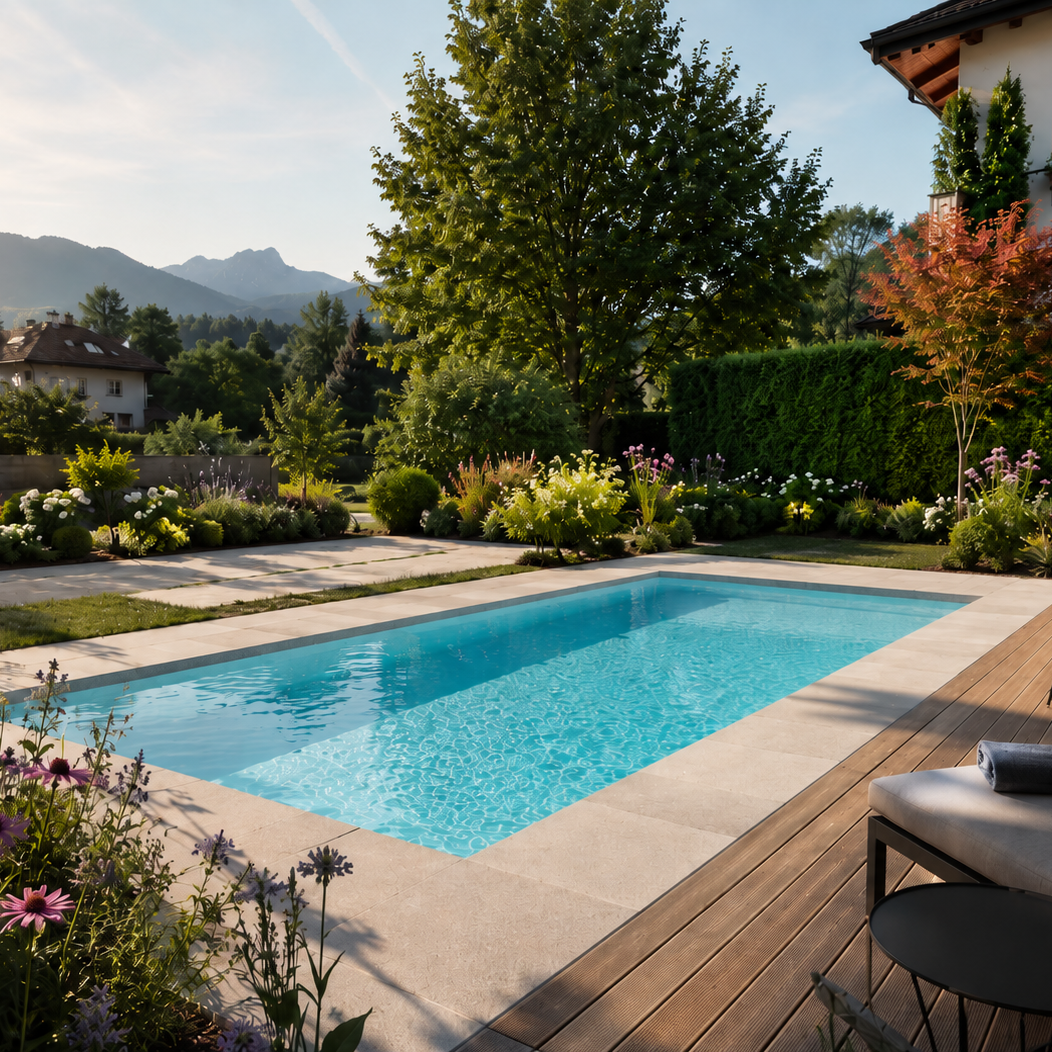 Poolbau, Garten, Bäume, Hecken, Stauden, Blumen