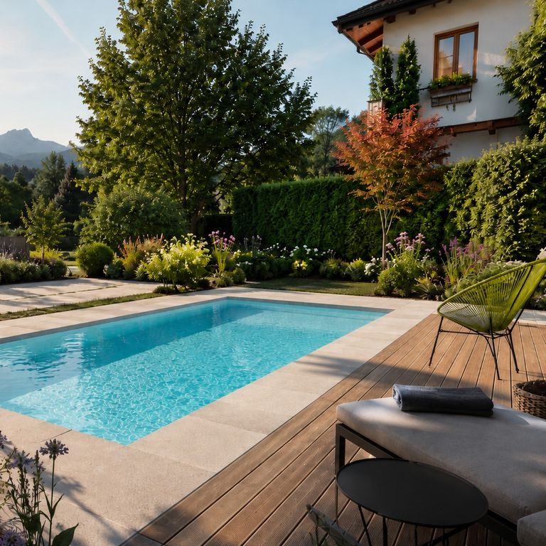 Garten mit Gehölzern, Hecke, Beeten und runder Rasenkante, Rasen