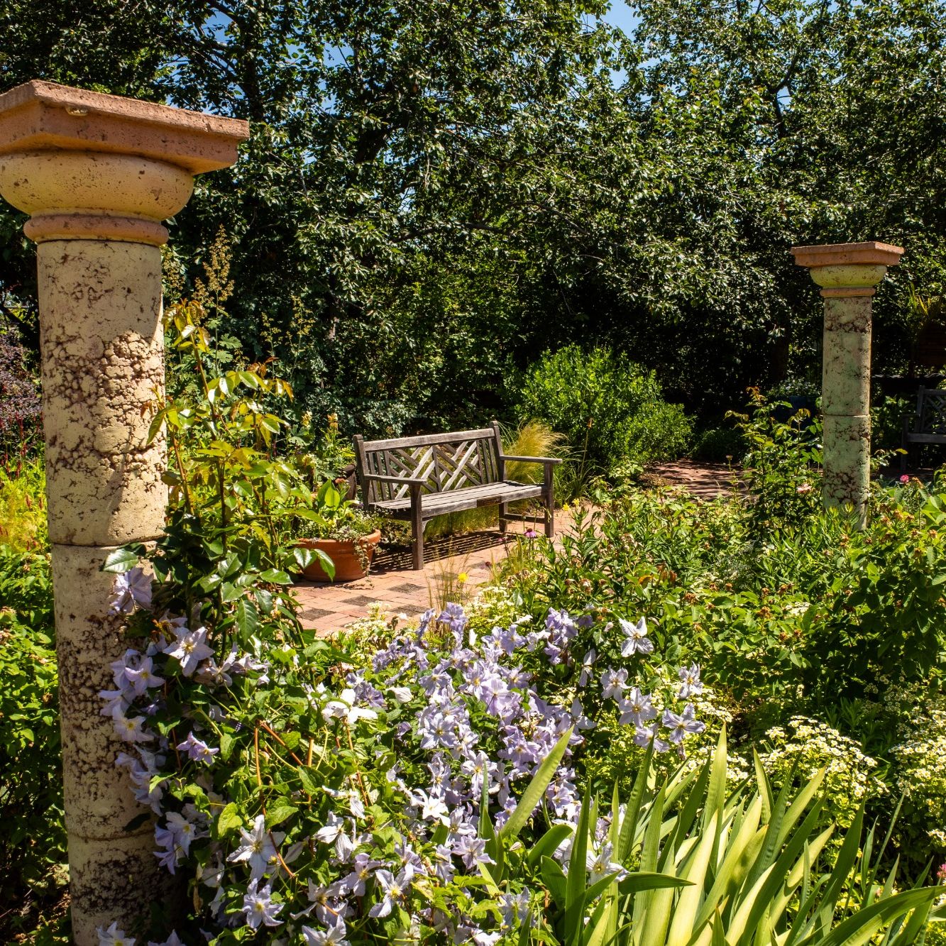 Garten mit Hecken, Bäumen, Gehölz, Wegen, Platten und Pool